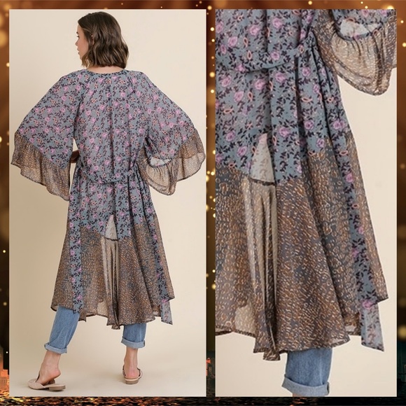 NWOT Umgee Mixed Print Bell Sleeves & Tie Front Kimono - Picture 4 of 5